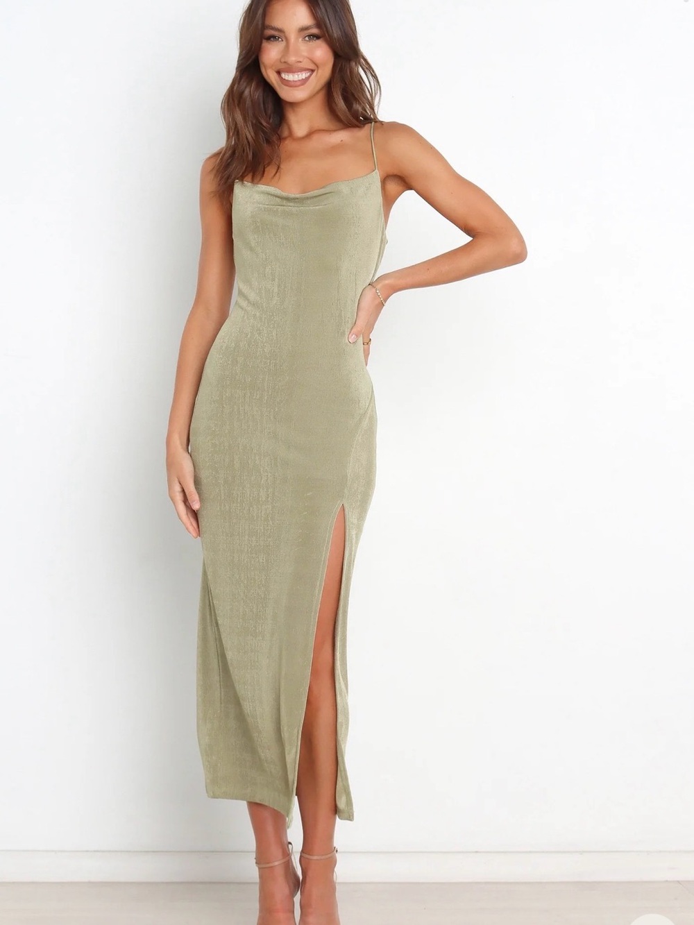 Petal and pup Diani Satin Slip Midi Dress with Side Slit - Olive size 2